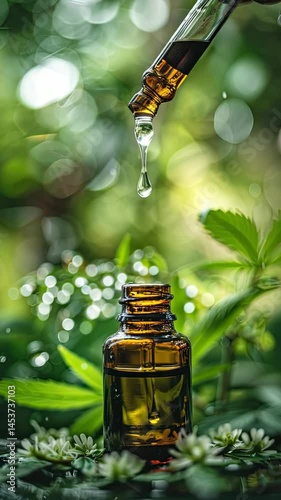 drops of hemp oil essential oil. Selective focus