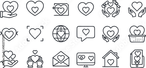 Love and Care Editable Stroke Outline Icons Set Isolated on White Background - Flat Vector Illustration. Pixel Perfect. 64 x 64