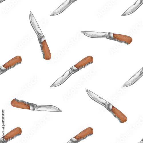 Hand drawn vintage colored seamless pattern of folding pocket knives for camping, hiking and outdoor survival designs, rustic adventure sketch