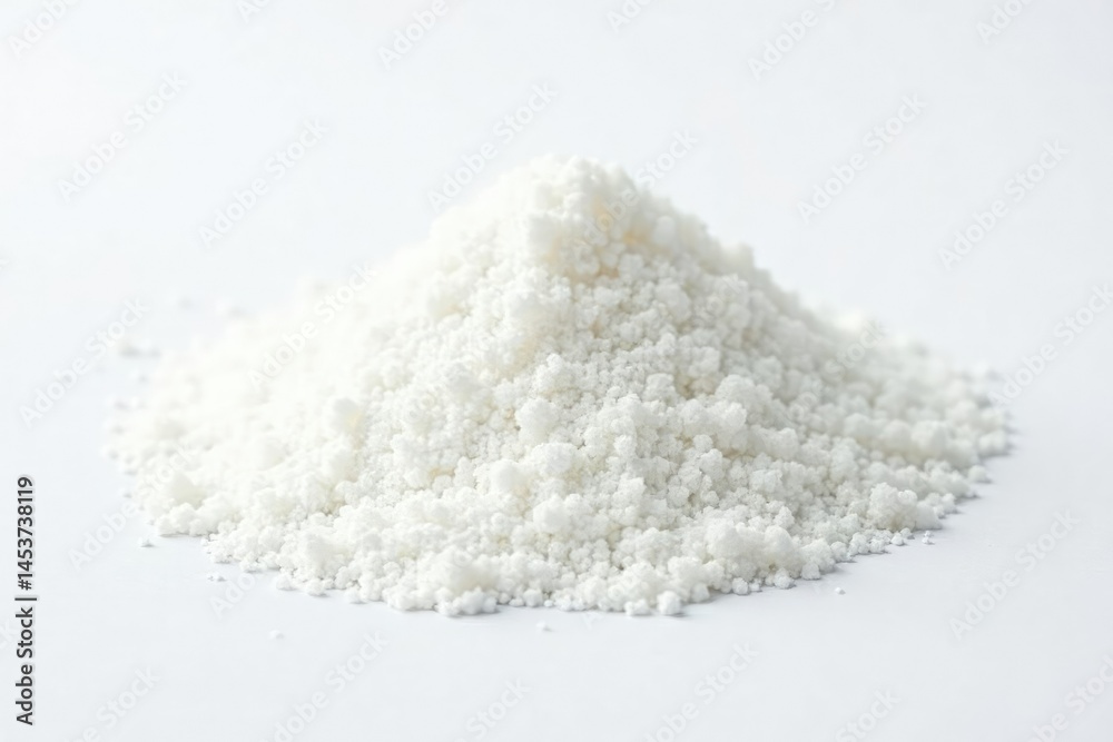 Pile of white granulated sugar on white background, carbohydrate, cane sugar Pile of white granulated sugar on white background, carbohydrate, cane sugar