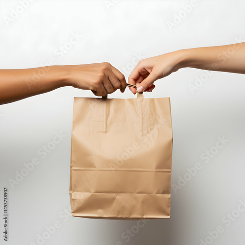 Two hands exchanging a brown paper bag against a plain white background in a studio setting