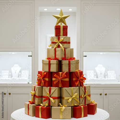 A christmas tree made of stacked gift boxes with ribbons and a star topper in a store setting