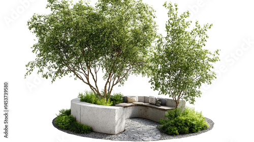 Serene outdoor seating area surrounded by lush trees and greenery, inviting relaxation