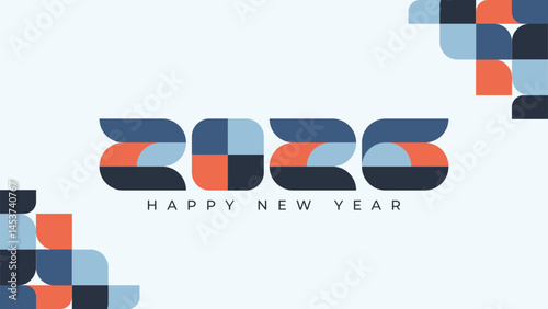 2026 Happy New Year Abstract banner design in retro style made of various geometric shapes in perfect colors. Landing Page. Brochure. Card. Template.
