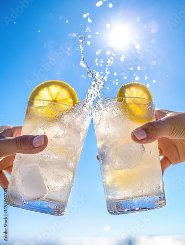 Refreshing summer cheers with iced lemon drinks under the sun photo