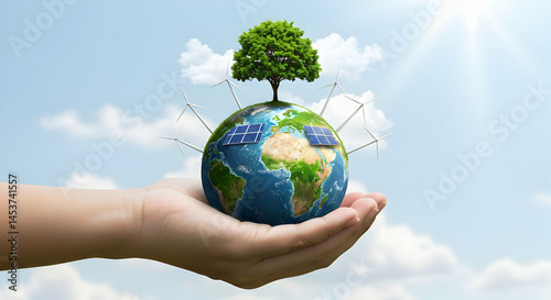 Green energy sustainable future earth globe in hand environment conservation eco friendly renewable resources solar panels wind turbines clean power photo