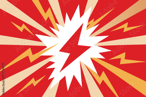 An explosion with white spikes surrounds a red lightning bolt on a red background