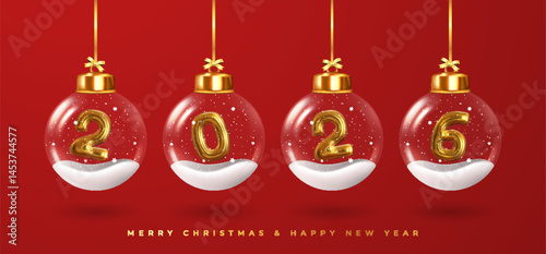 Happy New Year 2026, Golden numbers inside glass Christmas balls hanging on ribbon. Realistic 3D image of metal sign. Celebrating 2026 party. Christmas poster, web banner, site header. Vector.