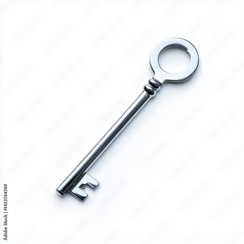 Sleek modern metallic key placed on a pure white background ideal for web design and digital graphics Sleek modern metallic key placed on a pure white background ideal for web design and digital graphics