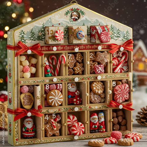 Close up of a christmas advent calendar filled with candies cookies and small christmas figurines