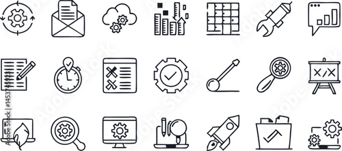 Business & Technology Icons Set – Gear, Document, Strategy, Magnifier, Rocket