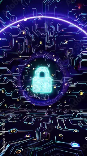 Neon glowing circuit paths surrounding rotating holographic padlock symbolizing digital security encryption futuristic tech safety visualization