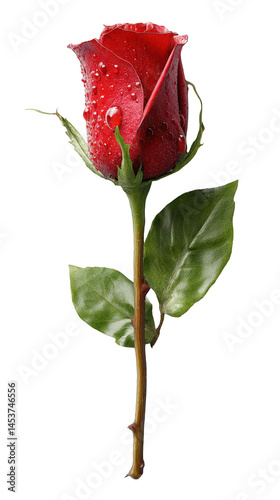 A vibrant red rose with dew drops on its petals, symbolizing love and beauty in nature