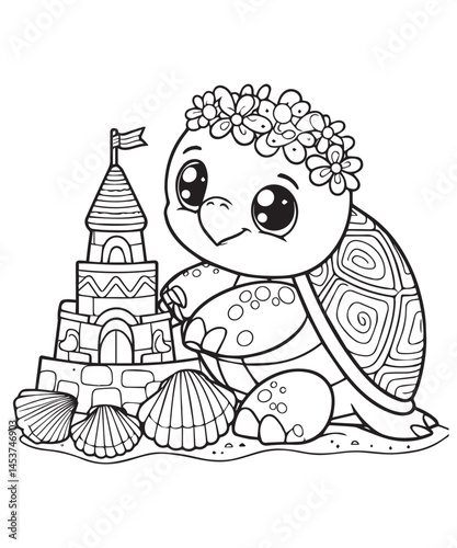 Coloring book turtle building a sandcastle on the beach. 