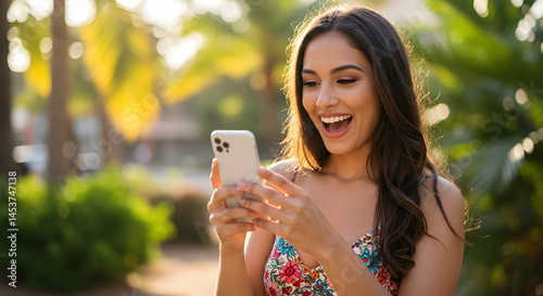 Fototapeta Naklejka Na Ścianę i Meble -  Happy young woman using mobile phone outdoors in summer park Smiling girl reading good news on smartphone online app