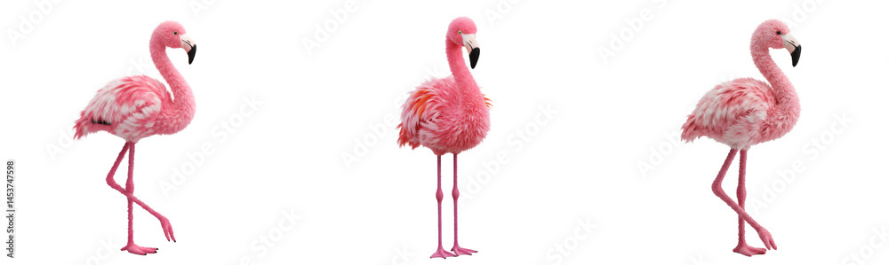 Fototapeta premium 3D Three pink flamingo decorations standing against a plain backdrop in different poses and orientations on transparent background
