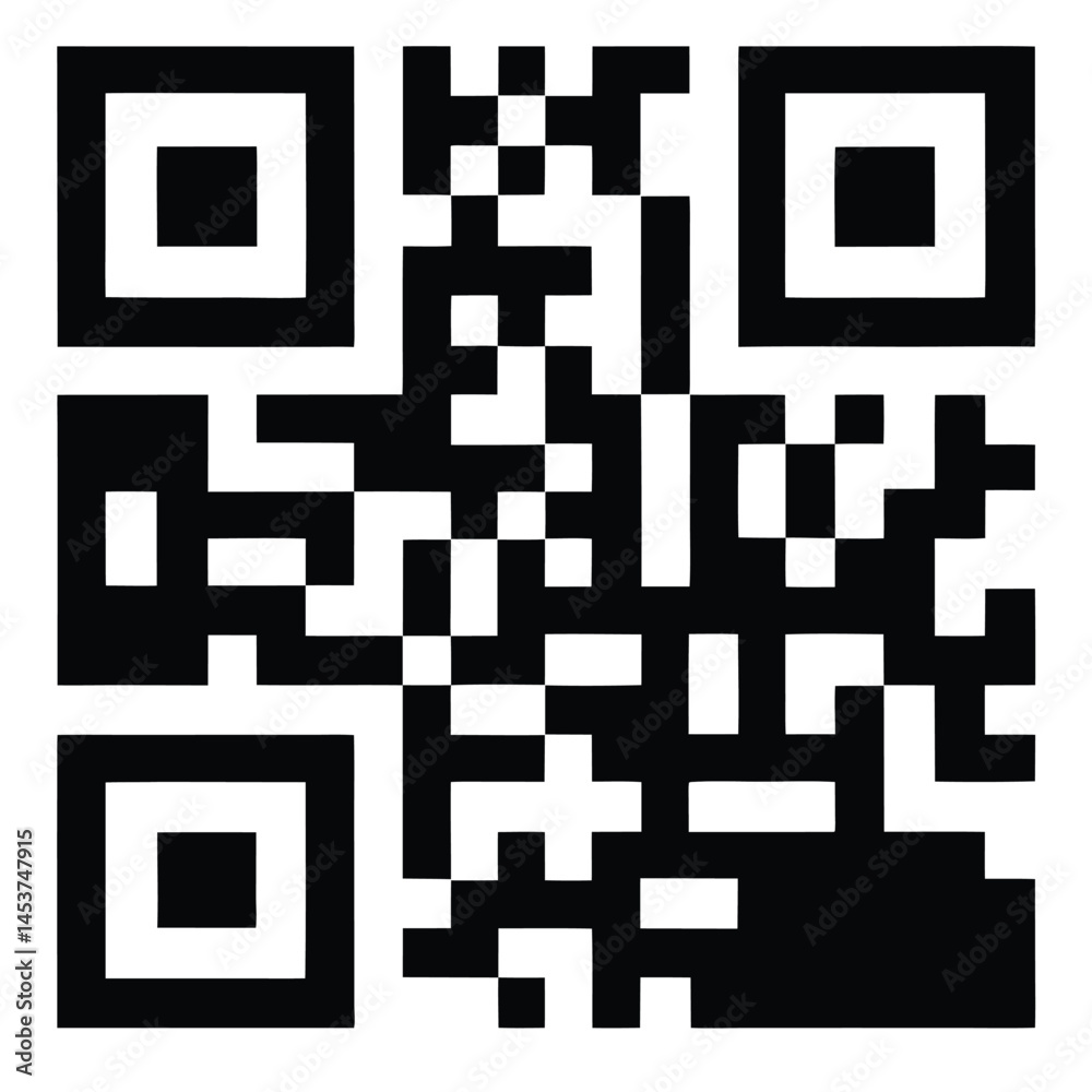 Black and white QR code shows a pattern of squares on a white background Black and white QR code shows a pattern of squares on a white background