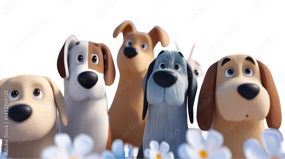Obraz premium Group of animated dogs curiously looking at something in a colorful flower field, joyful scene