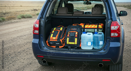 Emergency evacuation supplies packed in an SUV for wildfire evacuation  