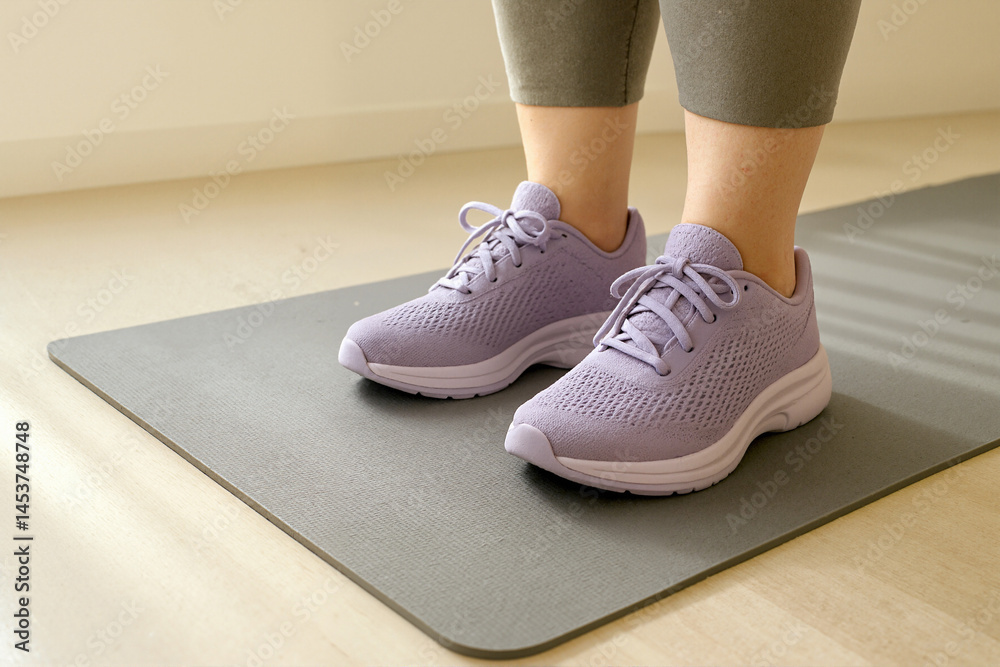 Active senior in sports shoes on a yoga mat indoors Active senior in sports shoes on a yoga mat indoors