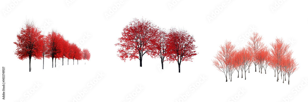 Set of Rendered maple tree in fall season, brilliant red canopy and textured trunk, rooted on a subtle gray surface on transparent png background. Ai generated Set of Rendered maple tree in fall season, brilliant red canopy and textured trunk, rooted on a subtle gray surface on transparent png background. Ai generated