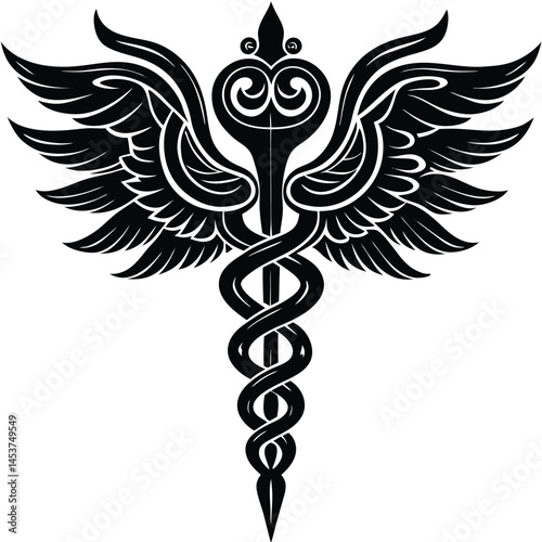 Caduceus Medical Symbol vector Silhouette illustration Baroque-style caduceus with ornamental curves