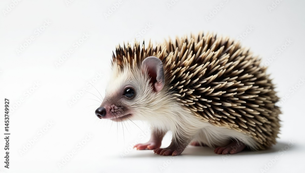 Close-up of a curled hedgehog on white backdrop, shot, curled, nature Close-up of a curled hedgehog on white backdrop, shot, curled, nature