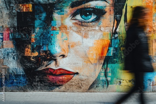 Colorful mural of a face with blurred motion pedestrian.