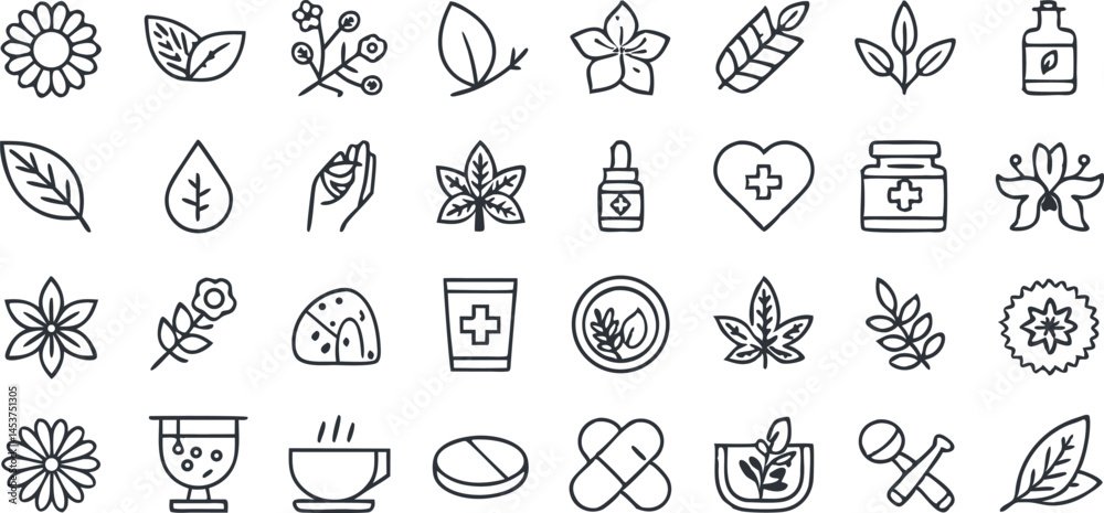 Fototapeta premium Nature & Wellness Icons Set – Herbal, Leaf, Medical, Tea, Organic