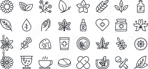 Nature & Wellness Icons Set – Herbal, Leaf, Medical, Tea, Organic