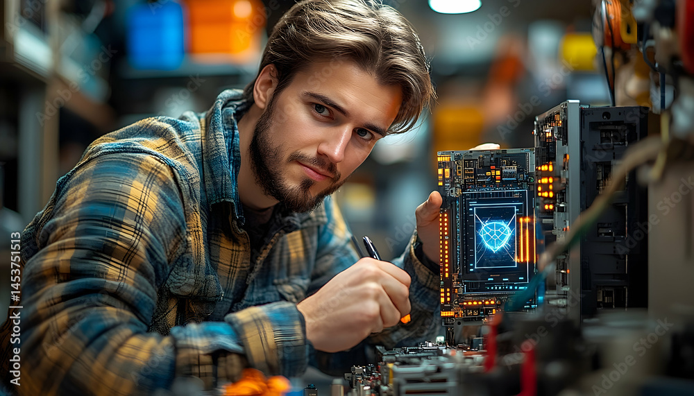 Person examining electronic component technology repair and computer hardware Person examining electronic component technology repair and computer hardware