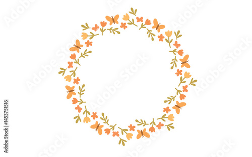 Floral wreath with delicate flowers and leaves in soft orange and yellow, ideal for spring invitations, nature frames, and botanical decorations.