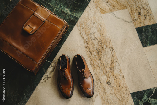 Shoes and briefcase on marble floor.