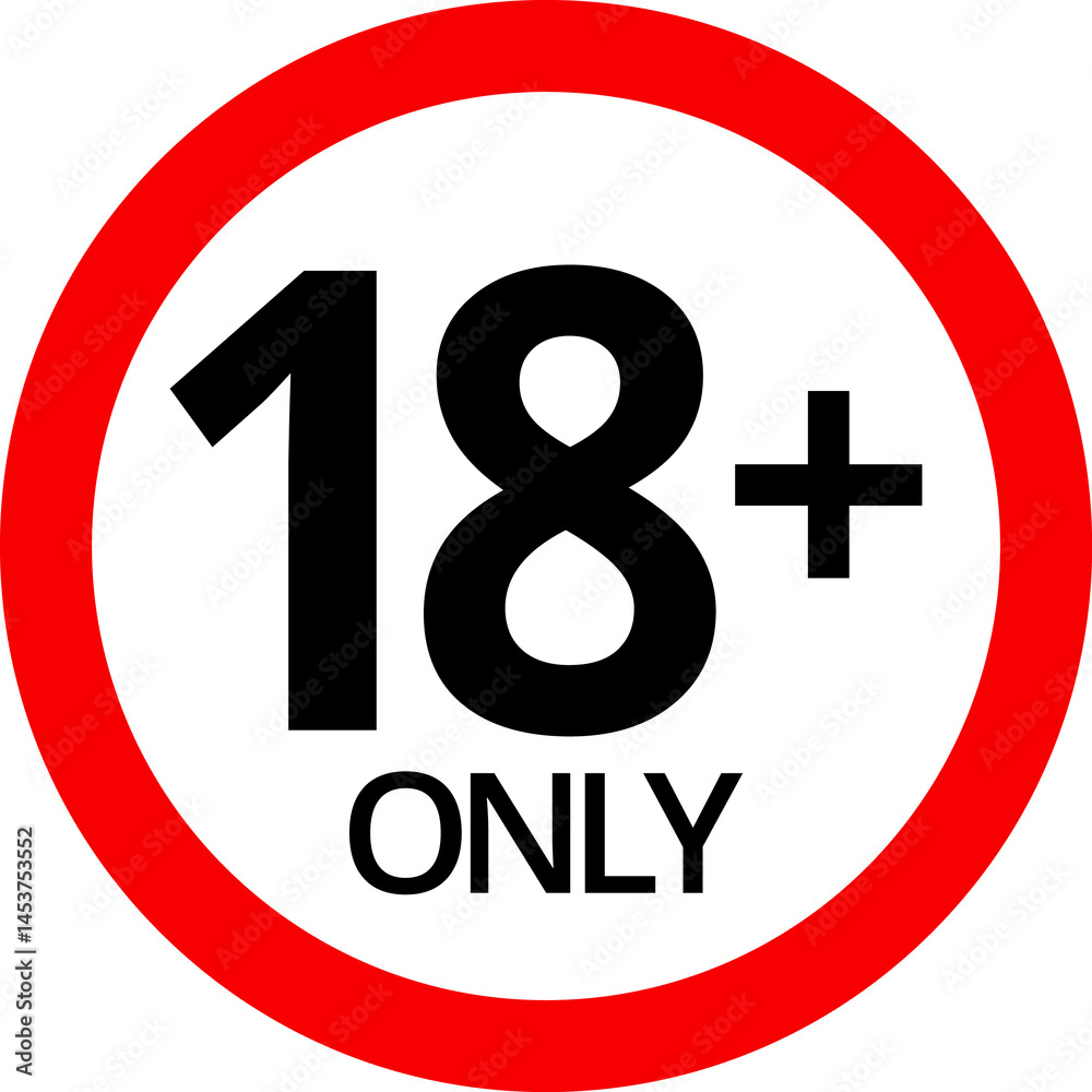 18 sign warning symbol isolated on white background, 18 plus, censored, eighteen age older adult content.