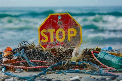 Stop Sign Surrounded by Ocean Pollution and Beach Debris