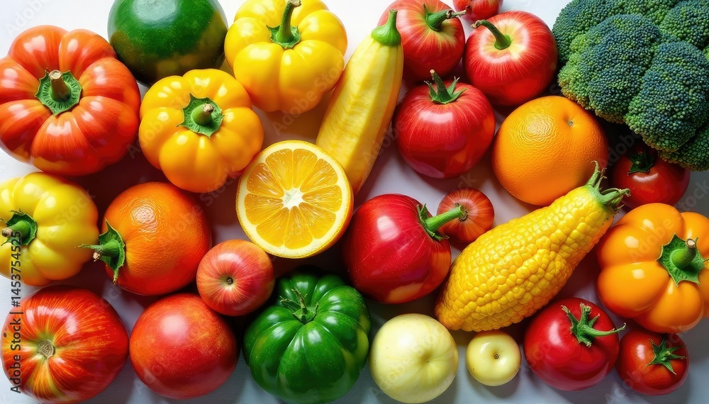 Variety of organic fruits & vegetables isolated , fresh, agriculture, healthy eating Variety of organic fruits & vegetables isolated , fresh, agriculture, healthy eating