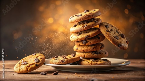 Warm, golden light shines on a stack of freshly baked chocolate chip cookies as they tumble down, some landing with a soft thud on the plate , treats, indulgence