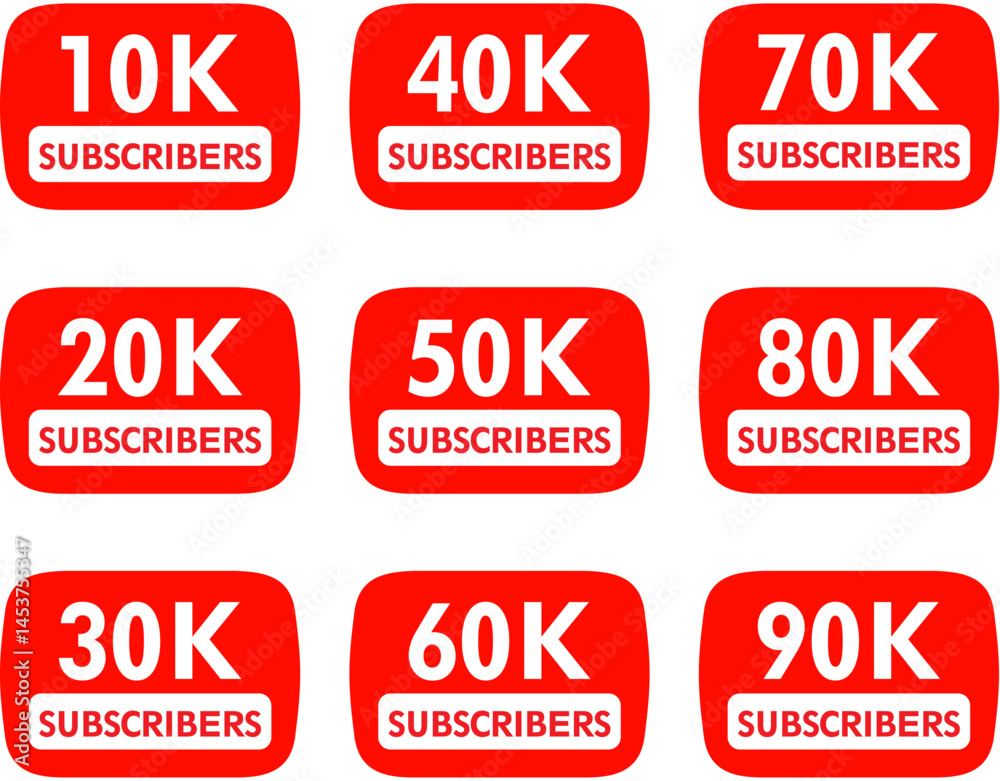 Αυτοκόλλητο set of red youtube subscriber milestone badges from 10k,20K,30K,40K,50K,60K,70K,