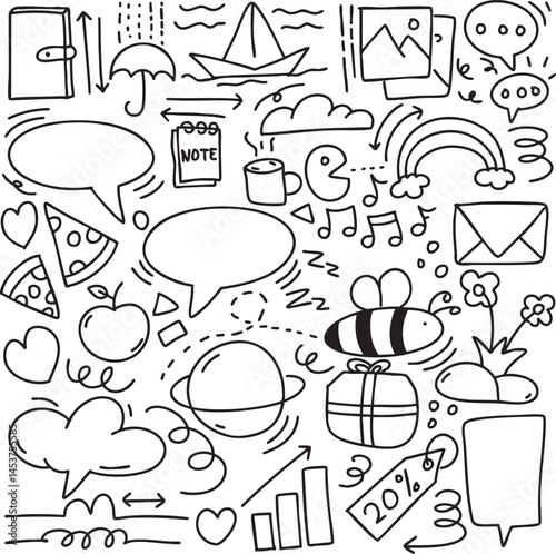 Doodle element vector set, sketch, heart, bubble, arrow, swirl, rainbow, speech bubble, food, drink, sparkle, hand drawn minimal abstract artistic elements
