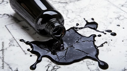 Spilled black liquid from overturned bottle on marble surface