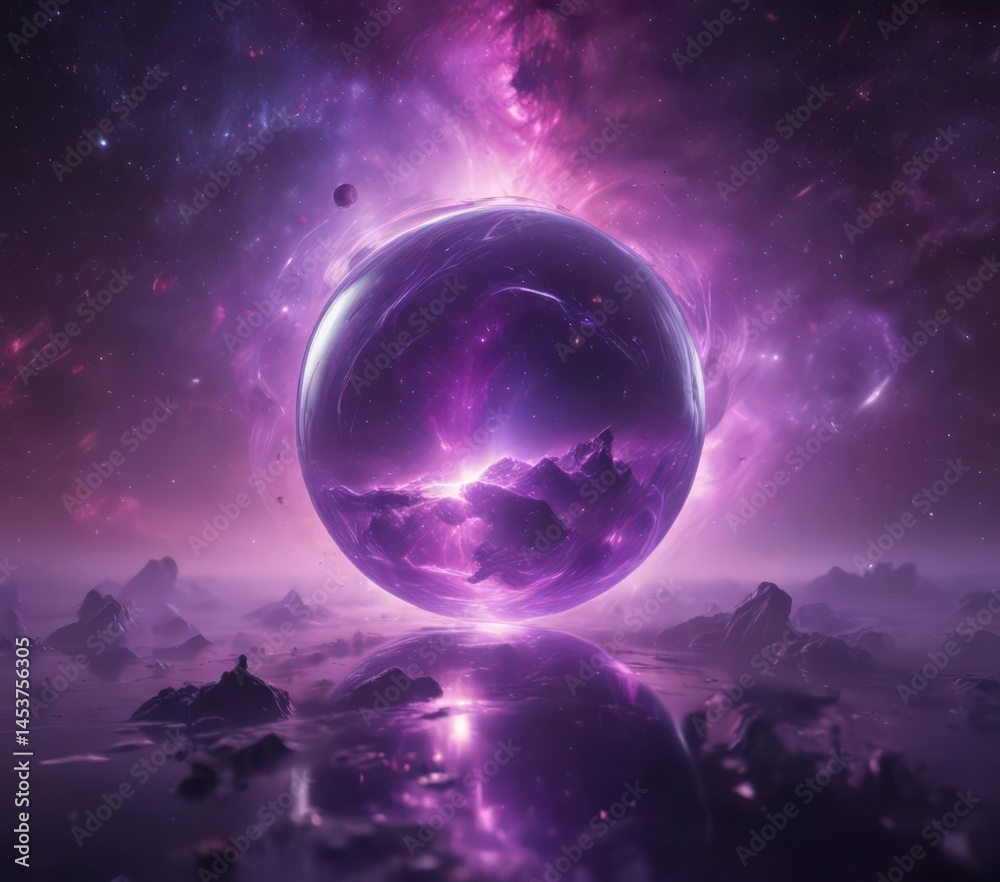 Glowing orb floats in swirling purple nebula Vast cosmic scene , light, galaxy, magical Glowing orb floats in swirling purple nebula Vast cosmic scene , light, galaxy, magical