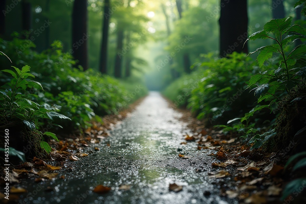 Fototapeta premium Wet forest path flanked by lush green foliage
