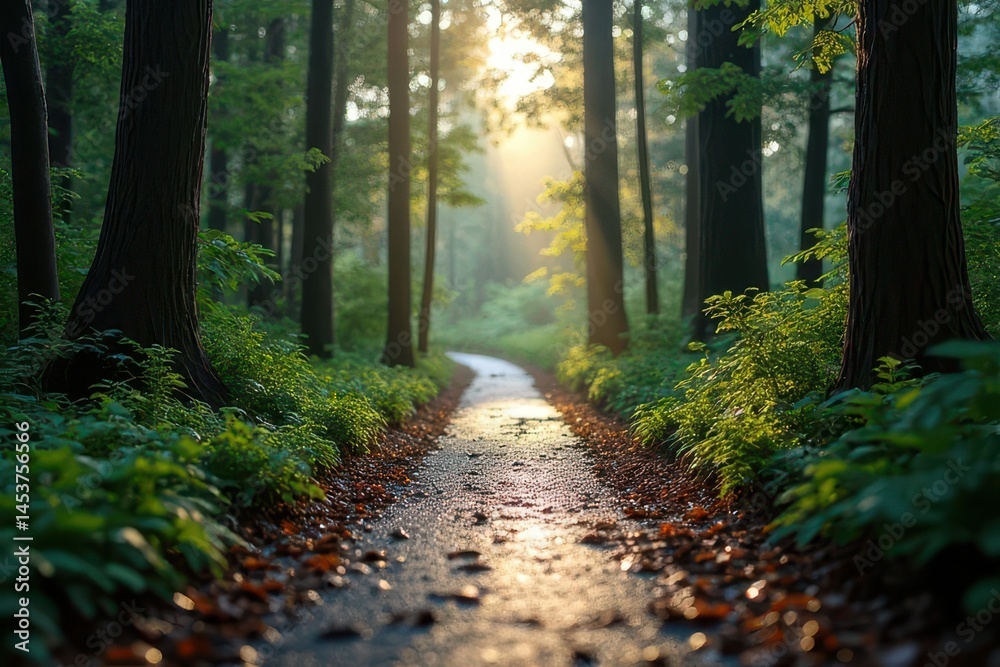 Obraz premium Sunlit woodland path through towering trees