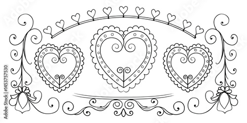A black and white design featuring three ornate hearts with detailed swirls and scalloped edges, framed by decorative flourishes, swirls, and small floral elements.