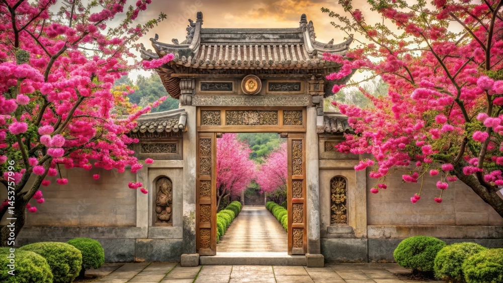 Fototapeta premium Ancient Chinese gate entrance surrounded by vibrant plum blossoms in full bloom, with intricate stone carvings and ornate details , plum blossoms, gate
