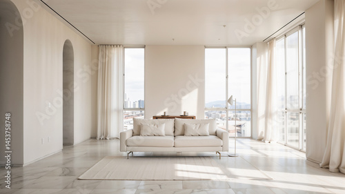 A spacious and modern empty living room with white