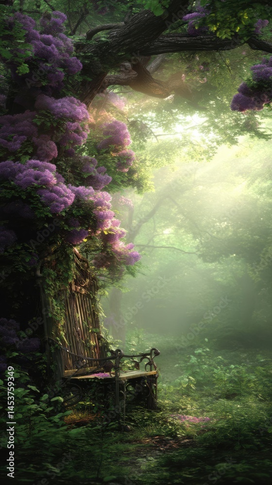 Obraz premium Enchanted forest scene with vibrant purple flowers and a serene bench under soft sunlight