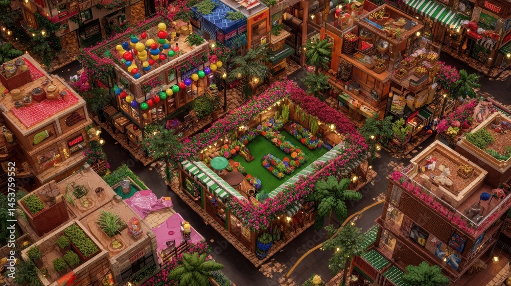Fototapeta premium Aerial view of a vibrant market filled with colorful stalls, lush greenery, and festive decorations