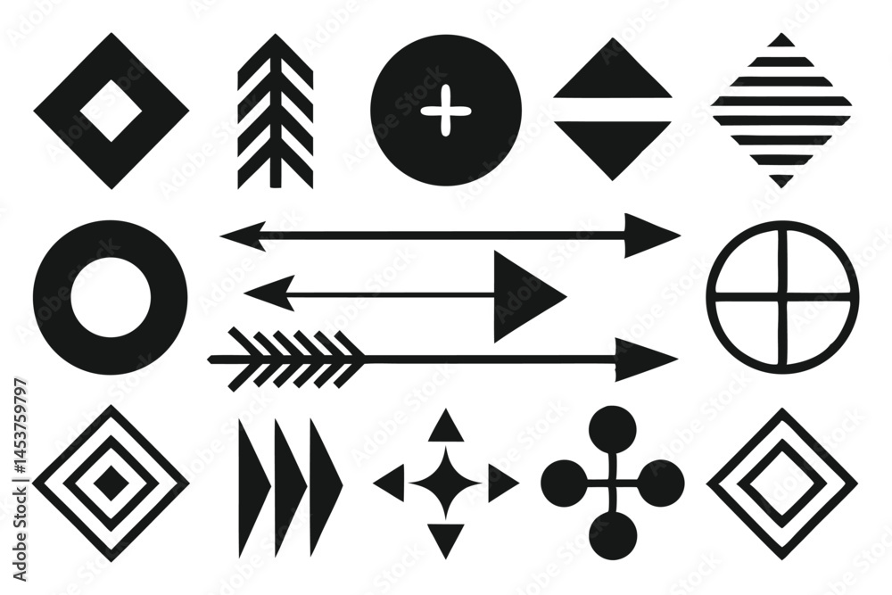 Different black tribal geometric shapes with arrows are isolated on a white background perfectly
