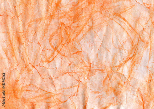 Orange surface of crumpled paper, background, texture. Backdrop of paper surface with wear traces. Paper piece that painted of incarnadine paint. Old, very uneven, bumpy paper covering of scarlet